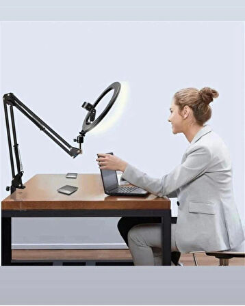 Telefon Tutuculu Masa Üstü Ring Light Işıklı Yaylı Ayarlanabilir Tripod – Canlı Yayın, Makyaj ve Video Çekimi İçin