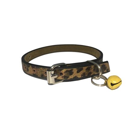 Leopar Desenli Varaklı Derili 1 Cm Metal Kilit Tokalı Zilli Kedi Tasması