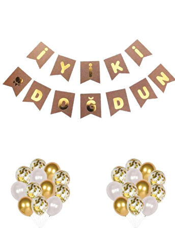 İyi ki Doğdun Banner Kraft Zemin üstüne yazısı Gold Varaklı Lüks Karton Doğum Günü Yazısı Flama