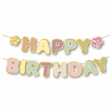 Dekoratif Asmalı Banner Happy Birthday makaron renklerde lüks karton yazı