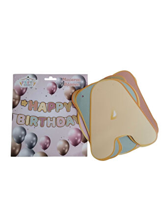 Dekoratif Asmalı Banner Happy Birthday makaron renklerde lüks karton yazı