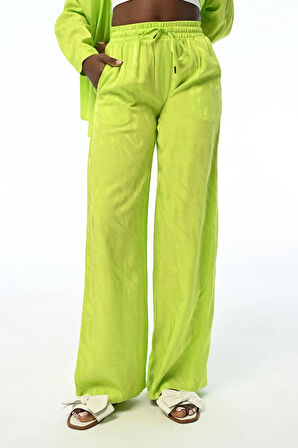 KADIN BELİ LASTİKLİ BOL PAÇA LİMON RENGİ DESENLİ PANTOLON