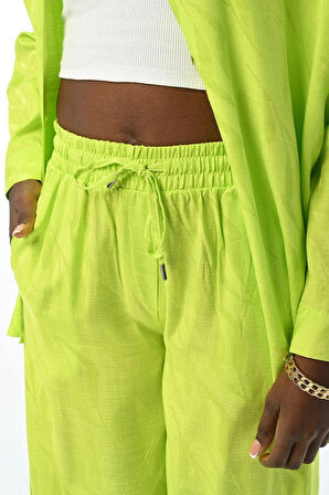 KADIN BELİ LASTİKLİ BOL PAÇA LİMON RENGİ DESENLİ PANTOLON