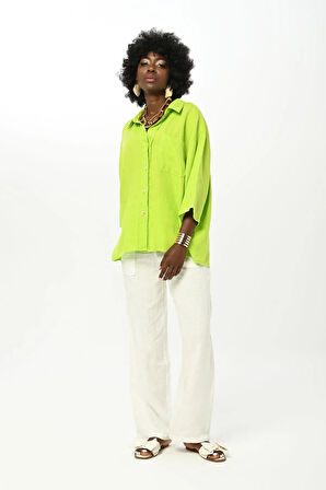 KADIN DÜZ RENK TEK CEPLİ %100 KETEN GÖMLEK