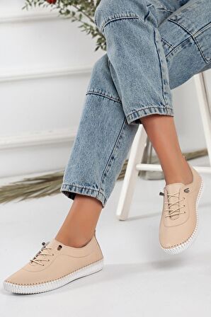 Hakiki Deri Ortopedik Saraçlı Bej Büyük Numara Kadın Ayakkabısı Günlük