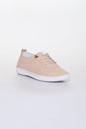 Hakiki Deri Ortopedik Saraçlı Bej Büyük Numara Kadın Ayakkabısı Günlük