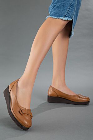 Hakiki Deri Ortopedik Fiyonklu Taba Kadın Ayakkabı