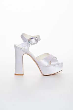 Platformlu Saten Taşlı Beyaz Kadın Topuklu Abiye Ayakkabı