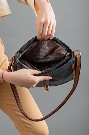 Cilt 2 Bölmeli Kapaklı Fermuarlı Siyah Taba Kadın Omuz Çantası