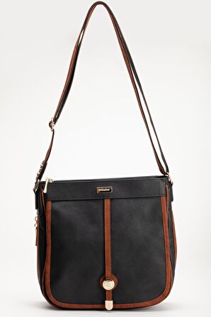 Cilt 2 Bölmeli Kapaklı Fermuarlı Siyah Taba Kadın Omuz Çantası