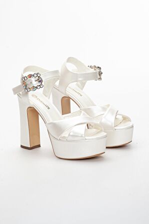 Platformlu Saten Taşlı Sedef Kadın Topuklu Abiye Ayakkabı