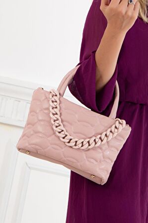 Kapitone Dikişli Zincirli Pembe Kadın Omuz Çantası