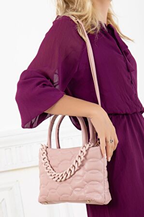 Kapitone Dikişli Zincirli Pembe Kadın Omuz Çantası