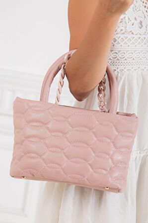 Kapitone Dikişli Zincirli Pembe Kadın Omuz Çantası