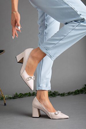 Saten Taşlı Kalın Topuk Ten Kadın Stiletto