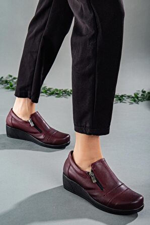 Fermuarlı Cilt Bordo Kadın Günlük Dolgu Taban Ayakkabı