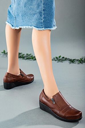 Fermuarlı Cilt Taba Kadın Günlük Dolgu Taban Ayakkabı