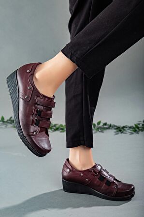 Cırtlı Cilt Bordo Kadın Dolgu Taban Günlük Ayakkabı