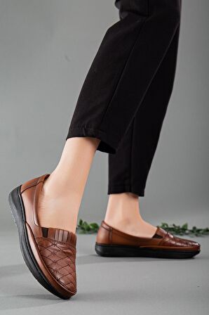 Hakiki Deri Nakış Detaylı Taba Büyük Numara Kadın Ayakkabısı Günlük