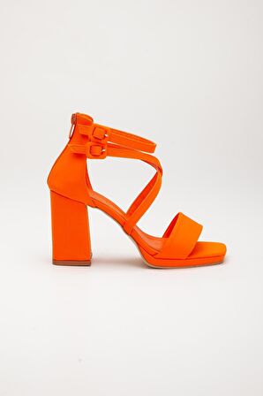 Saten Tek ve Çapraz Bant Turuncu Kadın Platform Topuk Abiye Ayakkabı