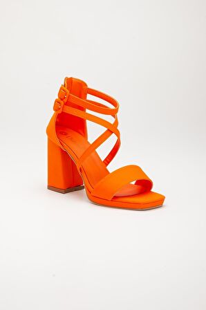 Saten Tek ve Çapraz Bant Turuncu Kadın Platform Topuk Abiye Ayakkabı