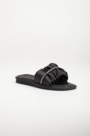 Cilt Büzgülü Taşlı Siyah Kadın Düz Topuk Terlik