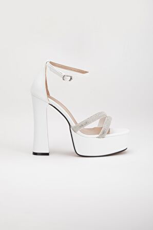 Kalın Taş Tek Bant Platform Topuk Beyaz Kadın Abiye Ayakkabı