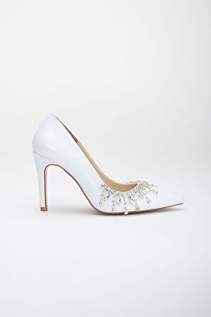 Kırışık Rugan Salkım Taşlı Beyaz Kadın İnce Topuk Stiletto
