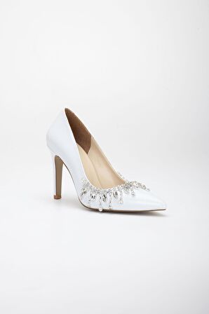 Kırışık Rugan Salkım Taşlı Beyaz Kadın İnce Topuk Stiletto
