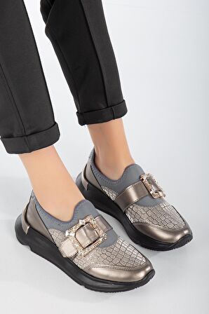 Taşlı Kalın Taban Streç Platin Kadın Makosen Günlük Ayakkabı