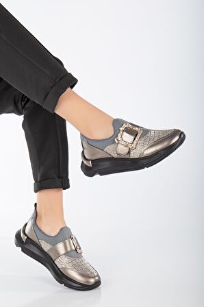 Taşlı Kalın Taban Streç Platin Kadın Makosen Günlük Ayakkabı