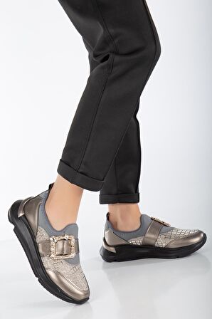 Taşlı Kalın Taban Streç Platin Kadın Makosen Günlük Ayakkabı