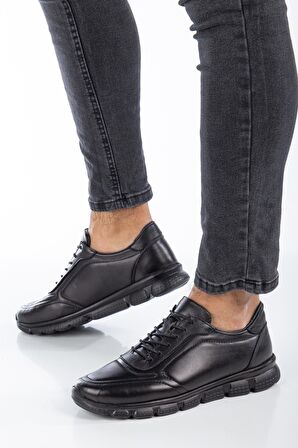 Hakiki Deri Ortopedik Hafif Taban Bağcıklı Siyah Erkek Günlük Ayakkabı