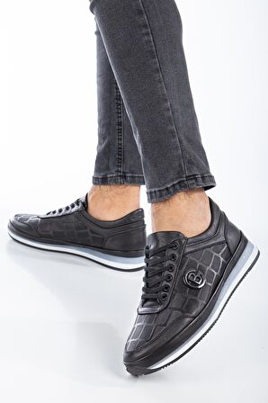 Hakiki Deri Baskılı Deri Tokalı Siyah Erkek Günlük Casual Ayakkabı