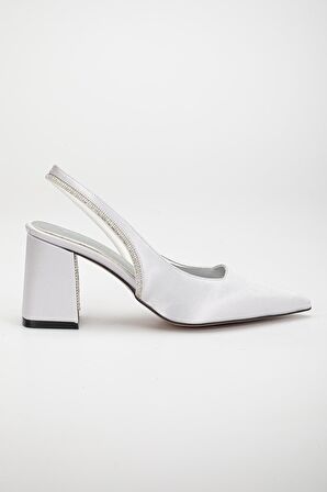 Saten Topuk Taşlı Gümüş Büyük Numara Kadın Ayakkabı Topuklu Abiye