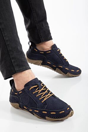 Hakiki Deri Nubuk Saraçlı Bağlı Lacivert Erkek Günlük Ayakkabı