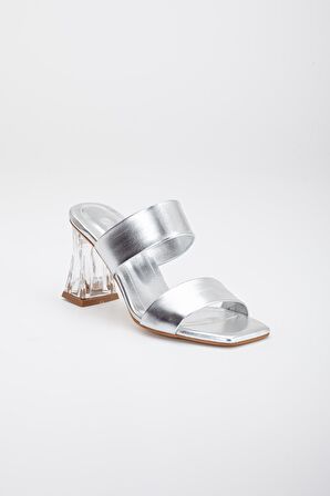 İki Bantlı Gümüş Kadın Şeffaf Topuklu Terlik