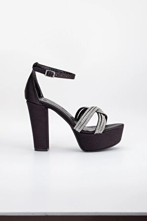 Saten Örgü Taşlı 40mm Siyah Kadın Platform Topuklu Abiye Ayakkabı