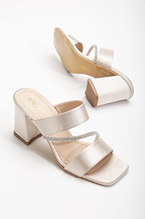 Saten İki Bantlı Çapraz Şerit Taşlı Ten Kadın Topuklu Terlik