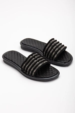 Örgü ve Taş Detaylı Siyah Kadın Düz Taban Terlik