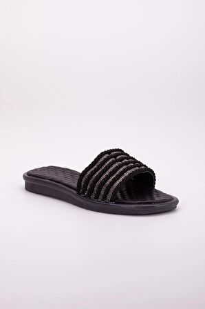 Örgü ve Taş Detaylı Siyah Kadın Düz Taban Terlik