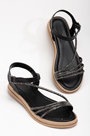 Jüt Sargılı İnce Taban Taş Bantlı Siyah Kadın Düz Topuklu Sandalet