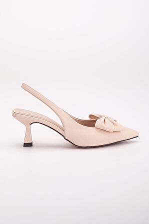 Büyük Numara Fiyonklu Saten Bej Kadın Topuklu Ayakkabı