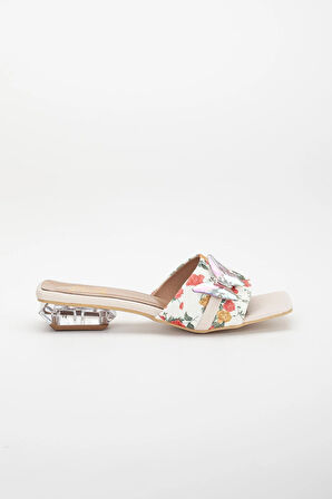 Çiçekli Saten Kelebek Taş Tokalı Ten Kadın Kısa Topuklu Terlik