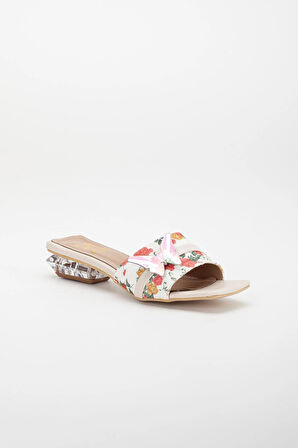 Çiçekli Saten Kelebek Taş Tokalı Ten Kadın Kısa Topuklu Terlik