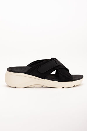 Keten Malzeme Faylon Siyah Kadın Dolgu Taban Terlik