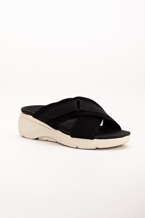 Keten Malzeme Faylon Siyah Kadın Dolgu Taban Terlik