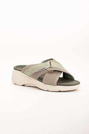 Keten Malzeme Faylon Haki Kadın Dolgu Taban Terlik