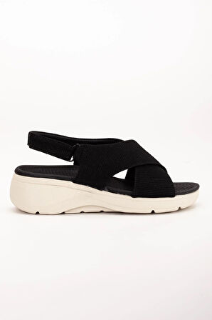 Keten Malzeme Faylon Siyah Kadın Dolgu Taban Sandalet