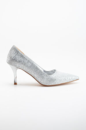 Simli Deri İnce Burgu Topuk Gümüş Kadın Stiletto